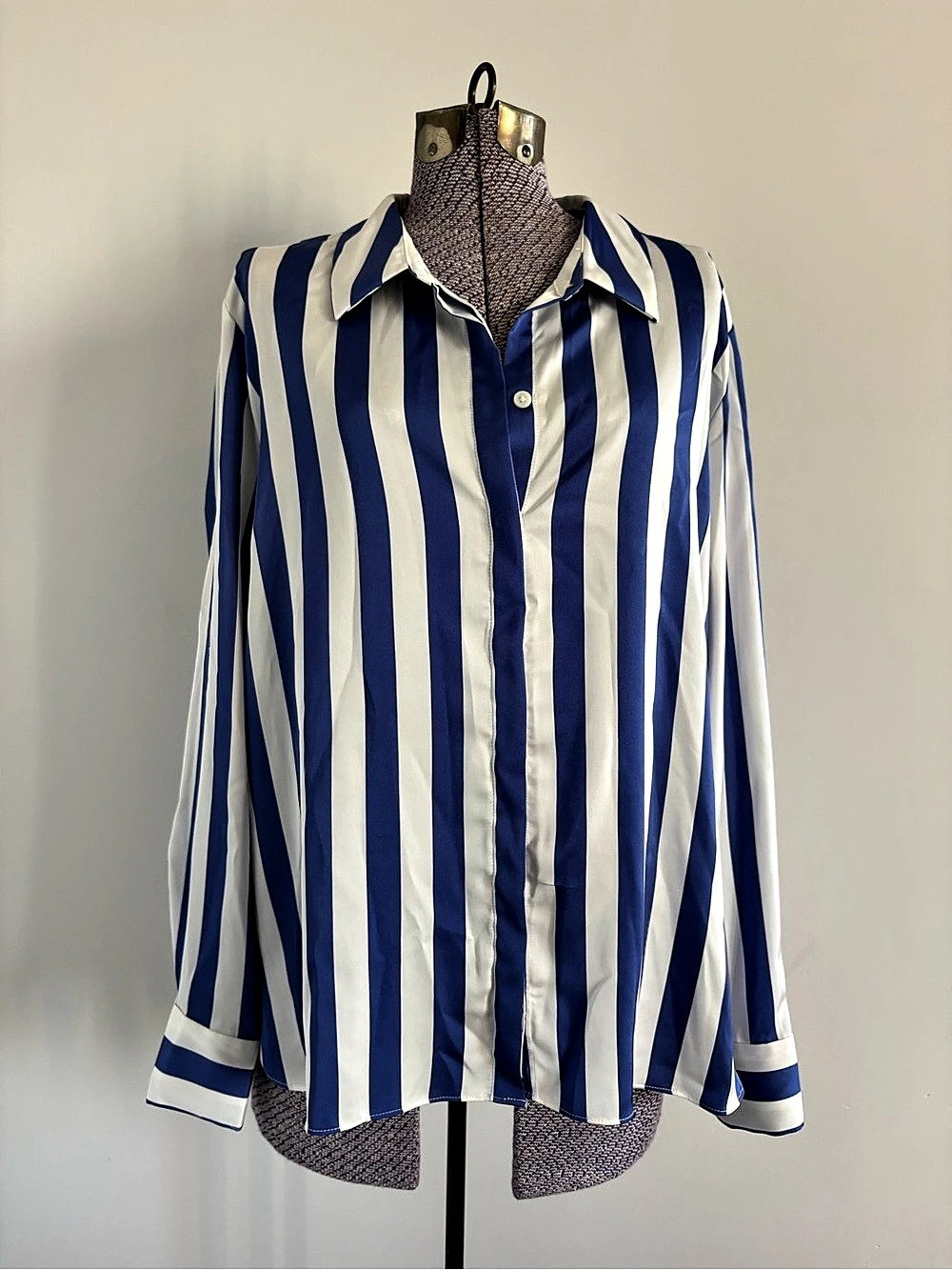 A New DayBlue & White Striped Satin Button Down Like New